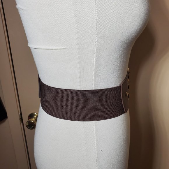Coffee & Gold Vintage Style 3-Buckle Cumberbund Belt-Elastic Back-Snap Closure. - Picture 5 of 8